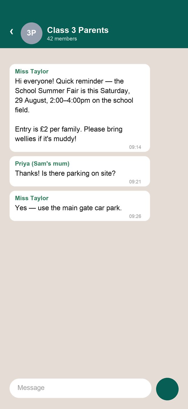 A school message in a class WhatsApp group