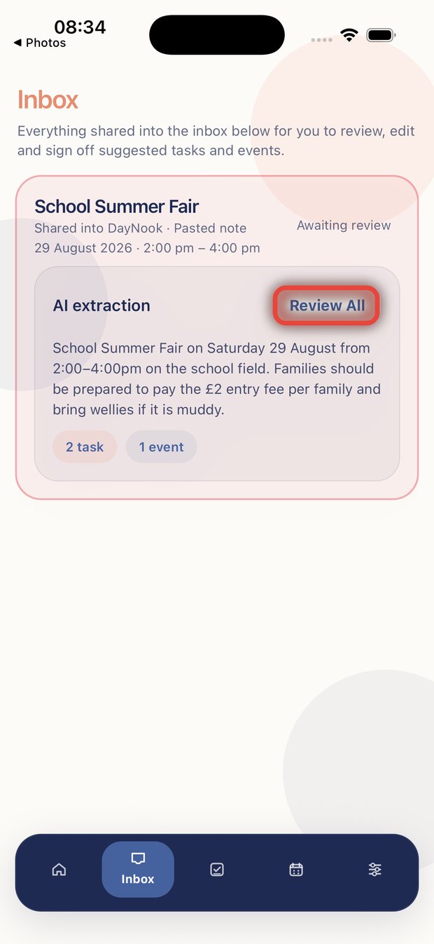 The DayNook inbox showing what the AI extracted