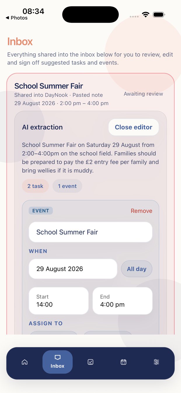 The review screen showing the extracted event and times