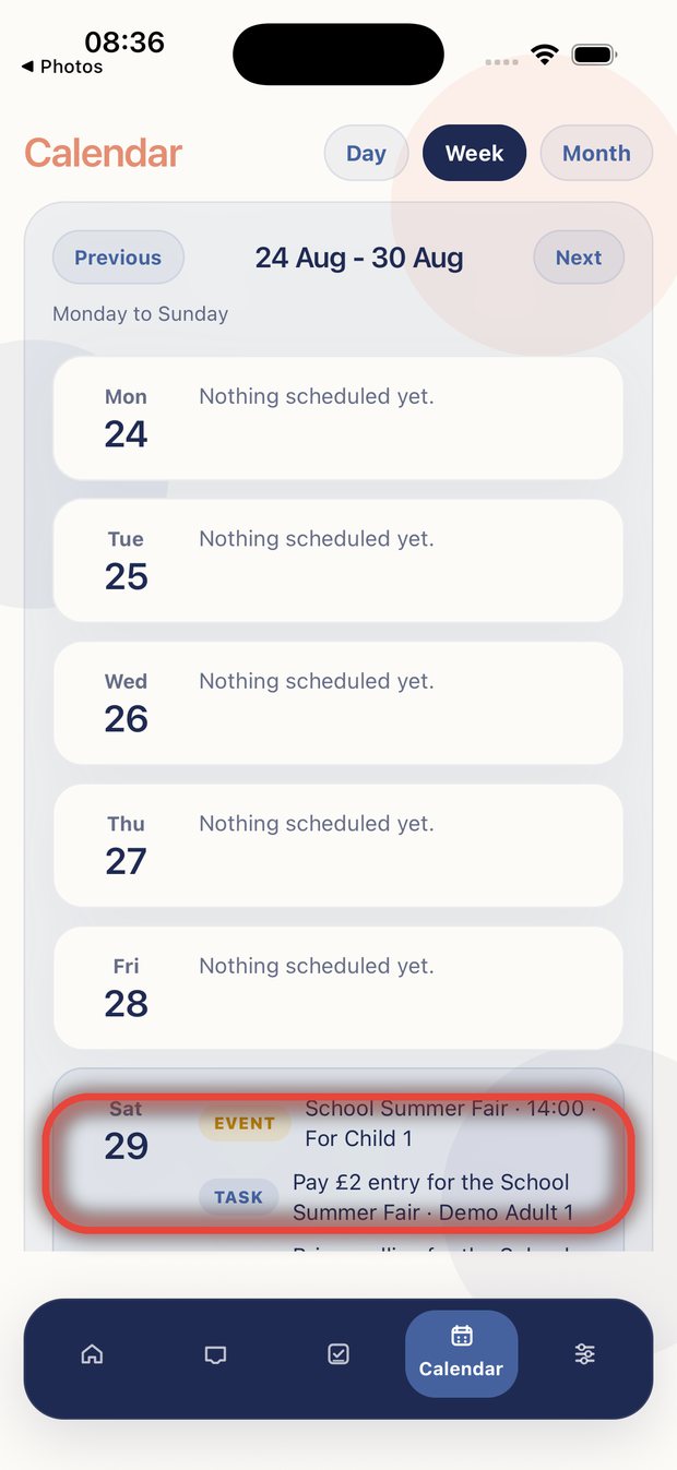 The family calendar with the new event on it