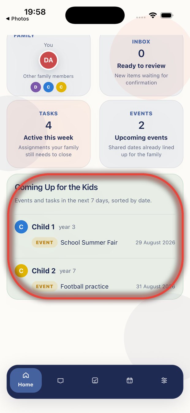 The home screen showing each child's week ahead