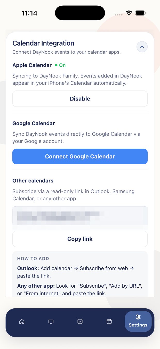 Calendar integration settings for Apple, Google and other calendars